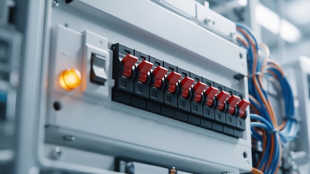 Industrial electrical distribution panel featuring bright orange status indicator light and multiple red toggle switches installed within modern metal cabinet inside large commercial facility settings
