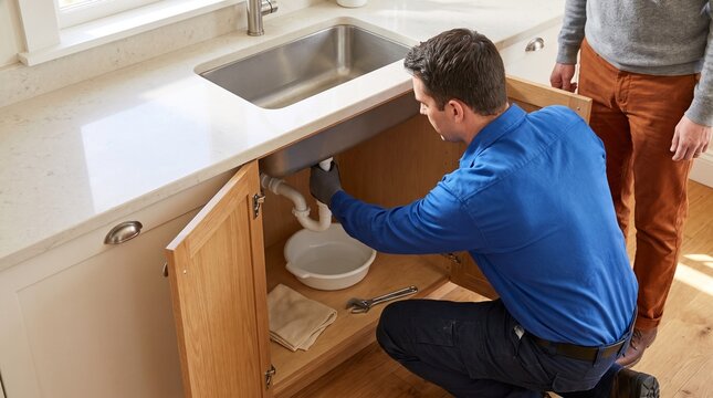 Plumber inspects a kitchen sink cabinet leak