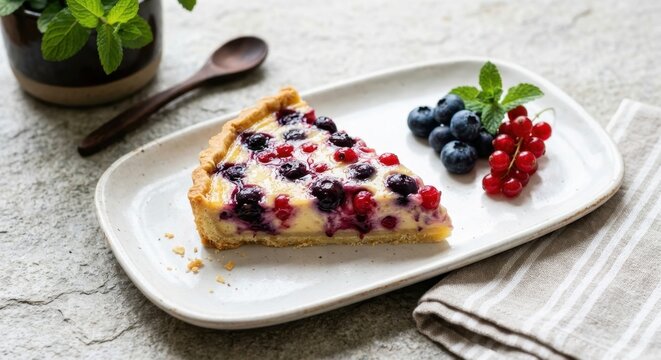 Delicious slice of fresh berry tart featuring blueberries and red currants on white plate with mint garnish and wooden spoon against rustic stone background, perfect for food and bakery themes.