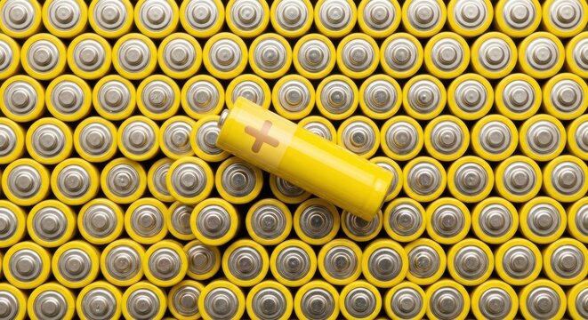 High angle view of many yellow alkaline batteries in a grid with one battery placed on top, representing power source, electrical energy storage, and portable technology components.
