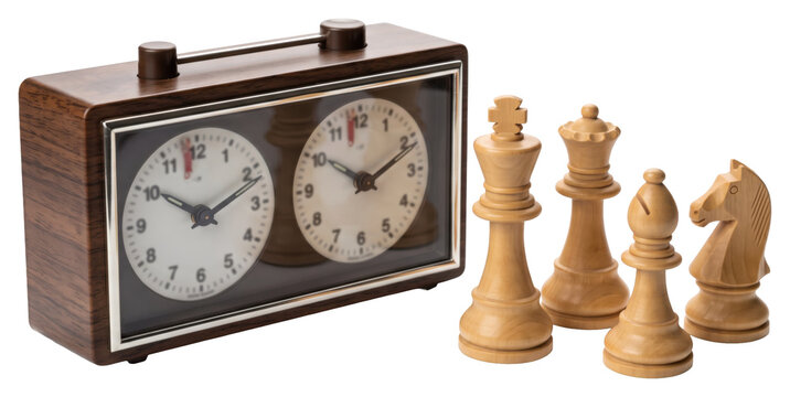 Vintage chess clock and wooden pieces on transparent background