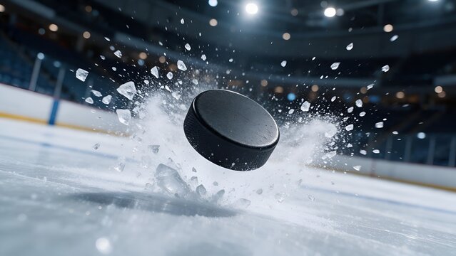 Black ice hockey puck hitting the frozen arena surface with intense high speed impact creating scattered shards of white ice under bright stadium floodlight beams