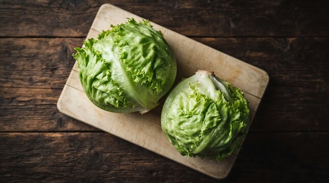 Two fresh heads of green iceberg lettuce sitting on a wooden cutting board on a dark table