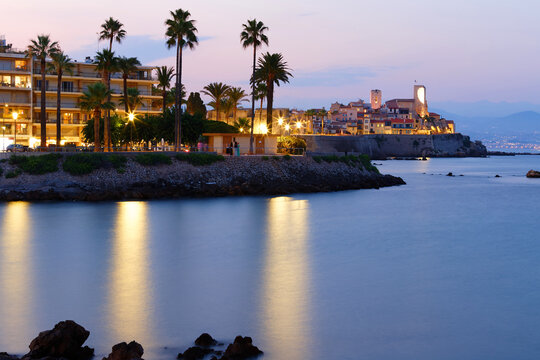 Antibes ramparts at dusk with palm trees, France.