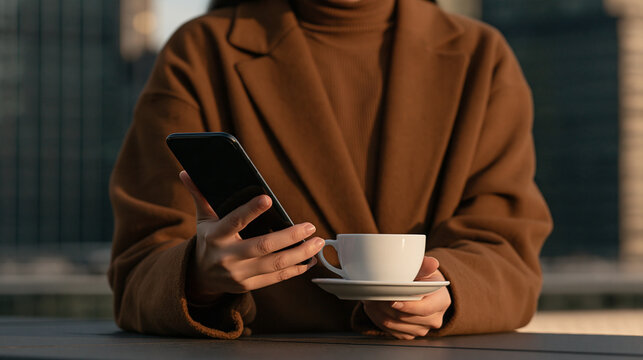 Woman in brown coat holding smartphone and coffee cup at outdoor caf&eacute;  