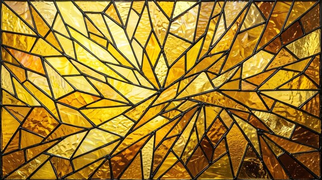 Golden stained glass pattern with fractured geometric panes and glowing amber tones creating a dramatic luminous background for artistic design