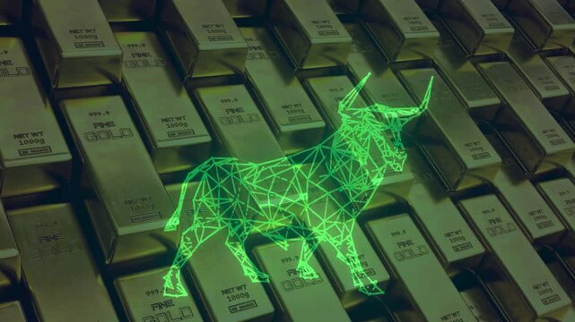 Glowing green bull silhouette made of wireframe vector lines symbolizing a bullish market on stacked gold bars.