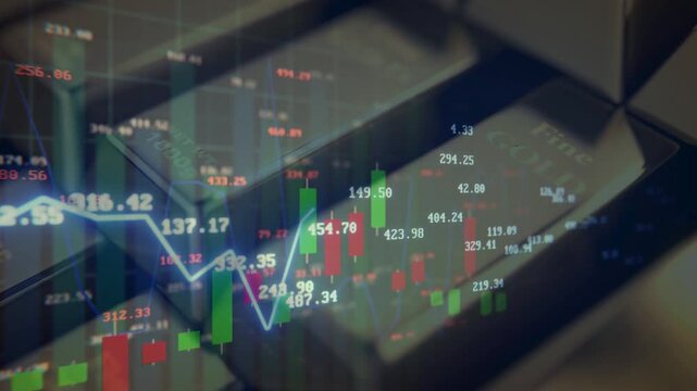 Green and red candlestick charts with transparent financial numbers overlaying stacked gold bars for trading concepts.