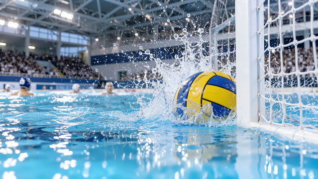 Water Polo Ball Splashing into Goal Net During Intense Match at Indoor Swimming Arena with Crowded Stands and Players