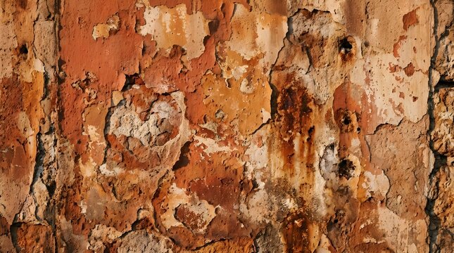 Rustic weathered plaster wall texture with warm orange, brown, and cream tones for vintage backgrounds, architectural design, and grunge artwork