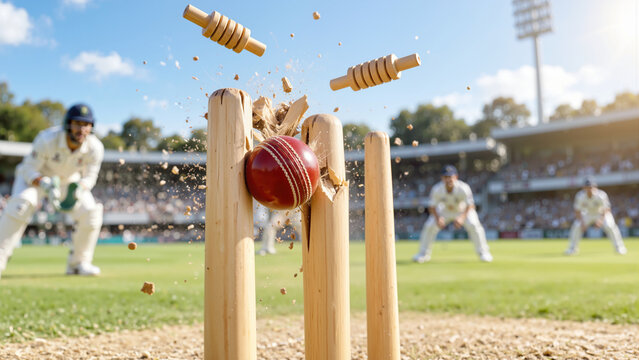 Dramatic Cricket Ball Smashing Wicket and Bails Flying in Action-Packed Match with Wicketkeeper and Slip Fielders Watching