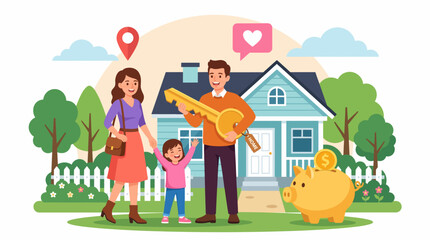Fototapeta premium Happy family holding a large gold key in front of their new house vector illustration for real estate marketing concepts