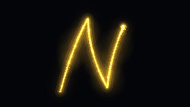 Glowing golden letter n animation, hand-drawn neon light effect on black background, alphabet typography