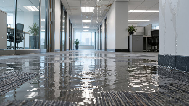 Indoor Flood and Water Damage in Modern Office Hallway with Leaking Ceiling and Flooded Carpet Floor