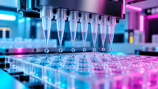 Automated Liquid Handling Robot Dispensing Samples into Microplate in High-Tech Laboratory