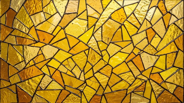 Golden yellow stained glass mosaic with irregular angular pieces forming a radiant decorative surface for architecture, interiors, artwork, and design
