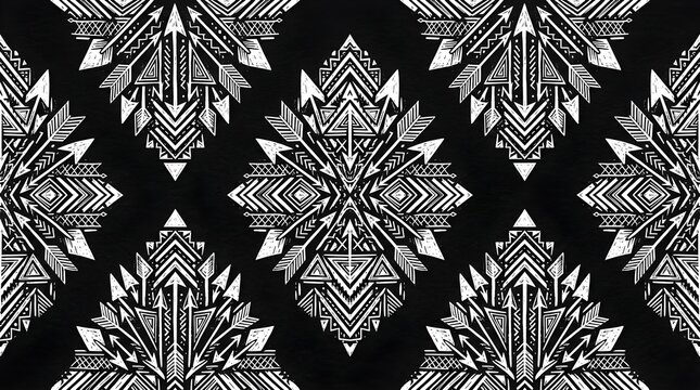 Monochrome tribal geometric pattern with intricate diamond and floral motifs creating a bold ethnic textile surface for fashion, wallpaper, and decor