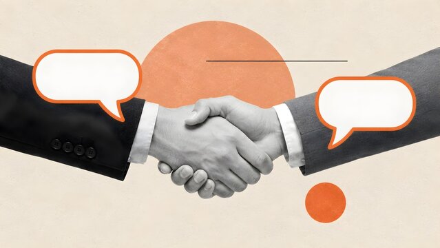 Professional handshake illustration with speech bubbles representing business communication, partnership, negotiation, agreement, and collaborative decision making