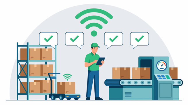 Warehouse worker managing digital logistics and automated conveyor belt systems using a mobile tablet in a modern flat vector illustration
