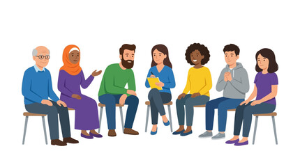 Fototapeta premium Diverse group of people sitting in chairs during a therapy session in this colorful vector illustration for professional use