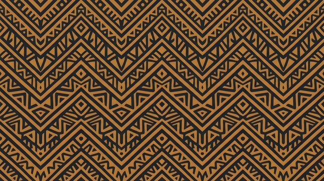 Rustic brown and blue tribal zigzag pattern with layered chevrons and geometric linework for bold textile, wallpaper, fashion, and decor