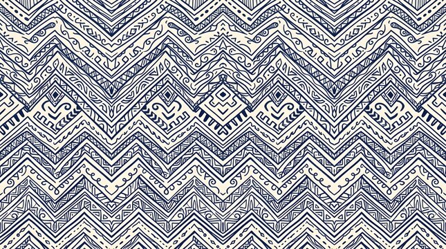 Blue and white ornamental zigzag pattern with intricate geometric details and repeating symmetry for elegant textile, wallpaper and decorative design