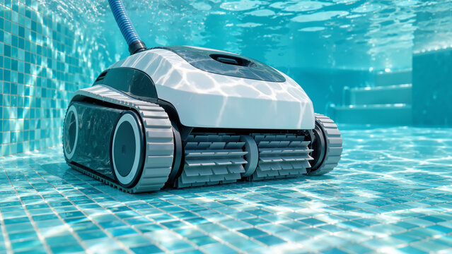 Automatic Robotic Pool Cleaner Vacuuming Mosaic Tile Floor Underwater in Crystal Clear Blue Swimming Pool