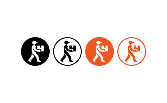 Minimalist delivery icon set featuring courier carrying package in circle style