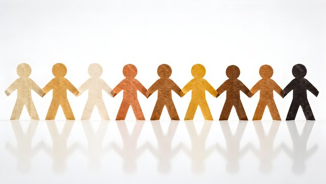 Diverse paper figures standing together in a connected row, symbolizing inclusion, equality, teamwork, community, cooperation, unity, and social diversity