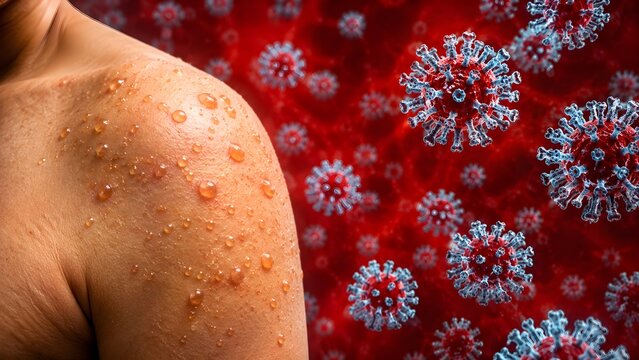Human shoulder skin with visible viral rash beside microscopic particles, illustrating infection symptoms, dermatology, contagious disease, and medical awareness