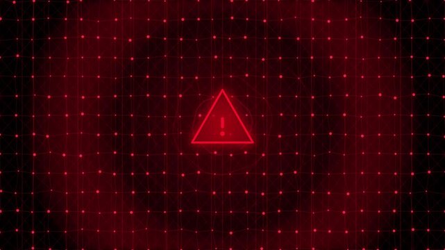 Red warning triangle symbol glowing over a digital data grid network red alert network nodes data security danger sign system error