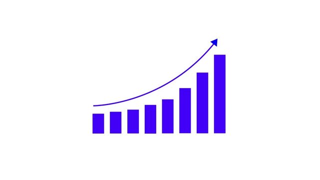 Dynamic blue bar chart animation featuring a rising trend line arrow indicating exponential business growth, financial success, market expansion, and positive economic performance on a clean white