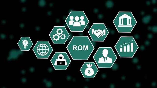 Dynamic rom read only memory technology concept featuring animated hexagonal infographic representing digital data security, global business strategy, financial growth, and corporate networking