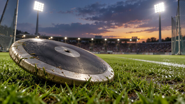 Athletic Discus Resting on the Stadium Grass Field During an Evening Track and Field Championship Under Floodlights