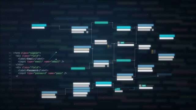 HTML code typing on a dark screen while a node tree of interface blocks builds alongside