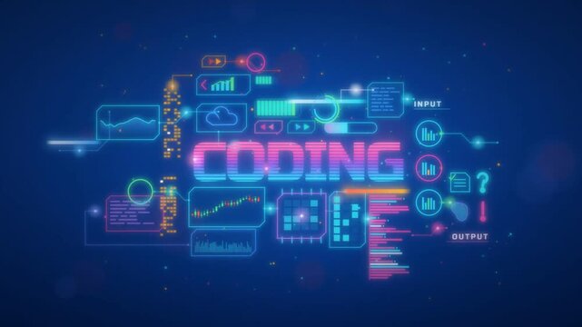 Coding word in neon letters surrounded by technology icons charts and input output labels