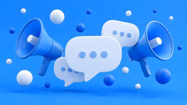 Blue communication megaphones and speech bubbles illustrating digital marketing, public relations, social media engagement, announcements, and business messaging