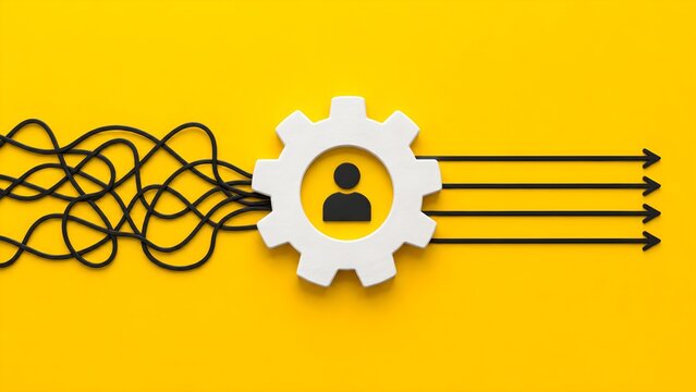Gear with user icon and organized directional lines representing human resources, workforce management, employee processes, recruitment, coordination, and business operations