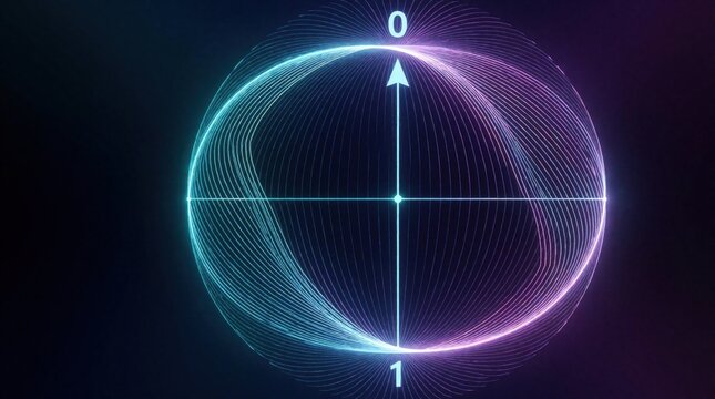 Futuristic illustration of quantum qubit in superposition state. Glowing blue, purple lines form Bloch sphere with digital numbers zero, one. Abstract tech concept shows quantum computing particle