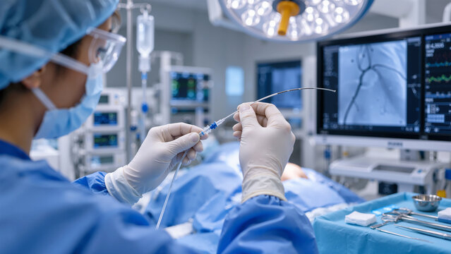 Interventional Cardiologist Preparing a Catheter for Minimally Invasive Angioplasty Surgery in a Modern Cardiac Catheterization Lab