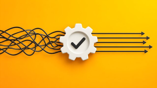 Business process optimization concept with white gear and checkmark transforming tangled lines into organized directional workflow for efficient management