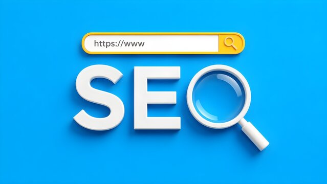 Search engine optimization concept with magnifying glass over SEO lettering and browser bar representing digital marketing, website visibility, and rankings