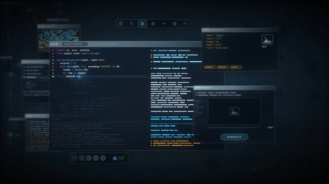 Python code in a dark editor with parameters panel and render output preview window