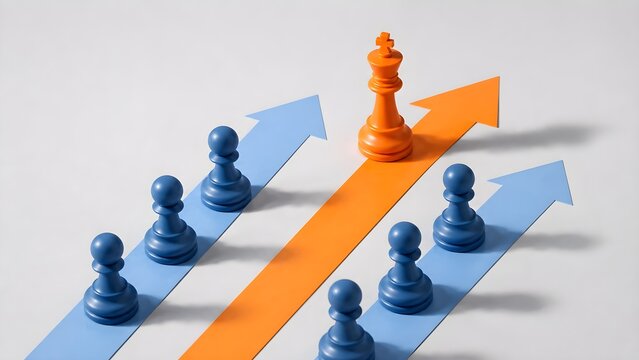 Competitive business leadership concept showing an orange pathway and chess king advancing ahead of opposing pieces to represent strategy and success