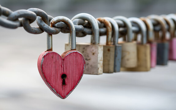 Heart-shaped padlock on a line of locks on a chain
