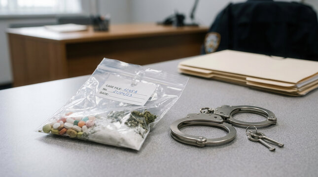 Evidence Bag With Pills And Drugs Beside Handcuffs And Case File