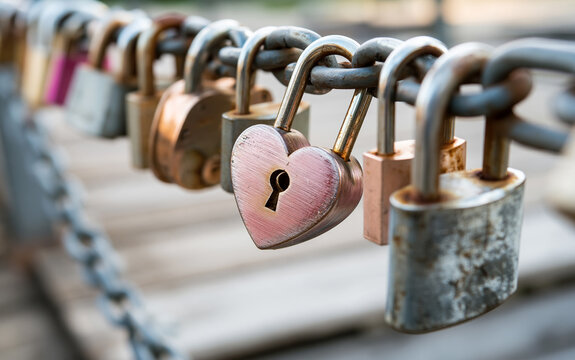 Heart-shaped padlock on a line of locks on a chain