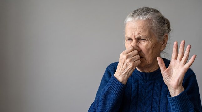 Elderly woman pinching her nose and showing rejection gesture due to unpleasant smell or bad odor