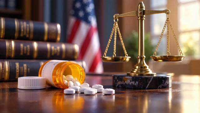 Pharmaceutical Law and Healthcare Litigation: Scales of Justice with Prescription Opioid Pills, Legal Books, and American Flag