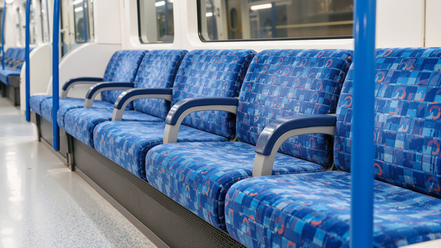 Row of Empty Blue Moquette Seats and Handrails Inside Modern London Underground Metro Carriage